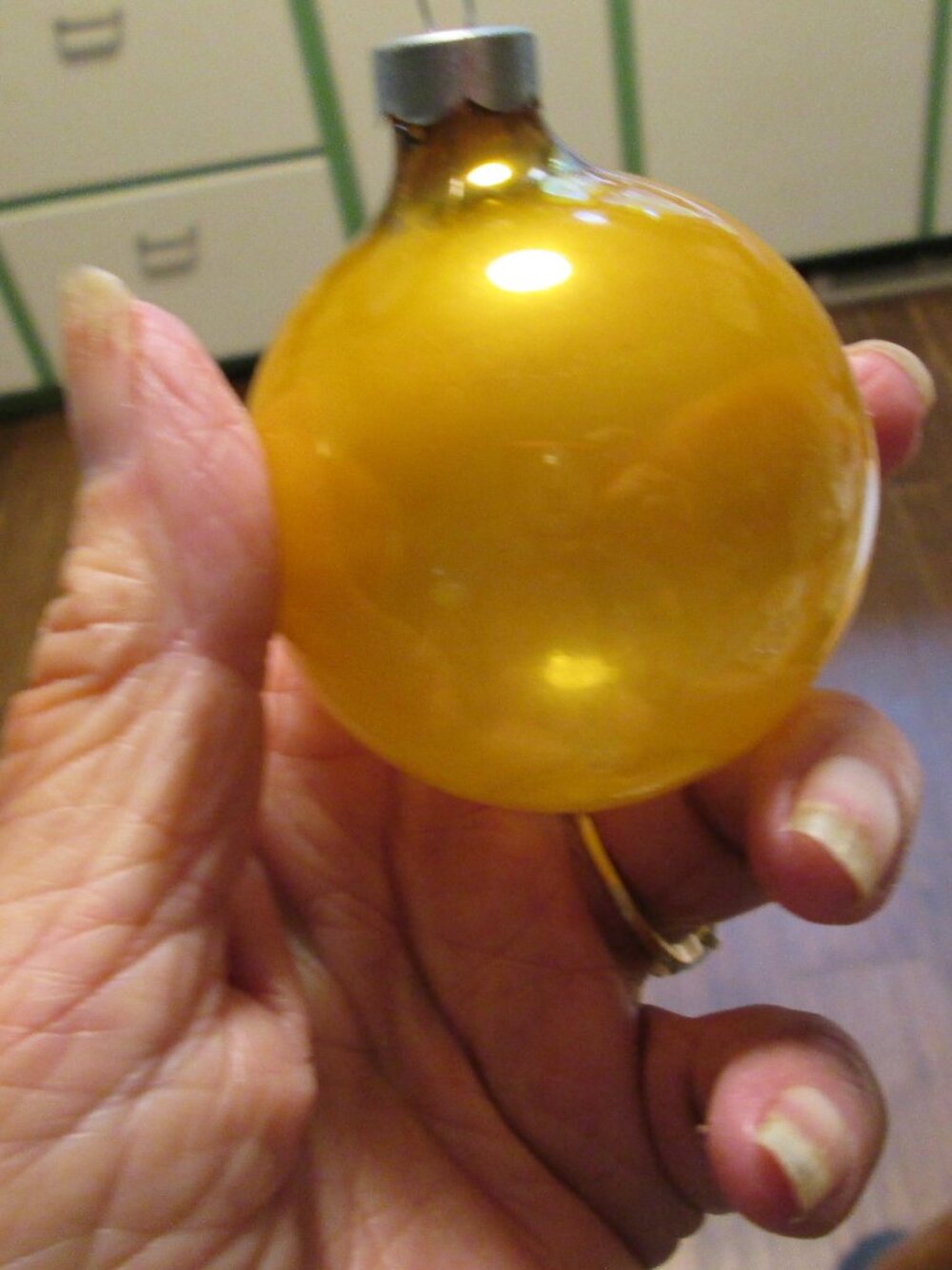 World war 2 vtg Unsilvered bright yellow ornament silver metal top med